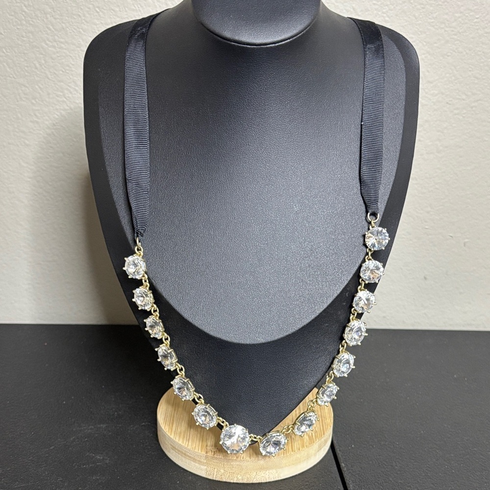 Crystal Tie Black Ribbon Tie Necklace
